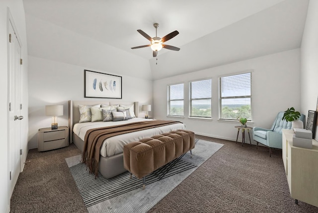 carpeted bedroom featuring ceiling fan, vaulted ceiling, and baseboards