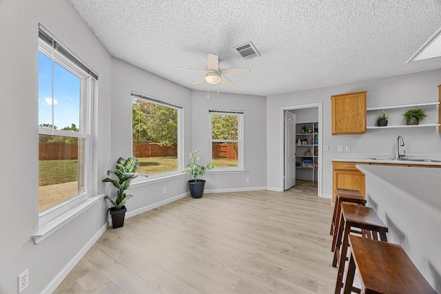 4325 Dos Cabezas Dr, Austin, TX 78749 - dining area with a ceiling fan, a textured ceiling, light wood-style flooring, and baseboards