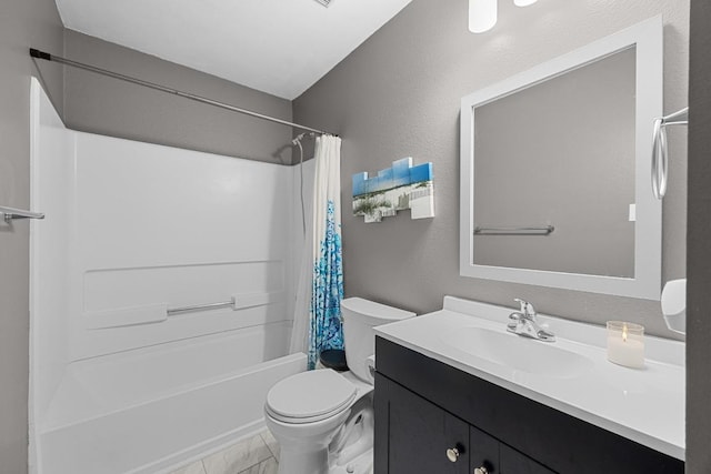 4325 Dos Cabezas Dr, Austin, TX 78749 - full bath with toilet, shower / bath combo, vanity, and marble look tile flooring