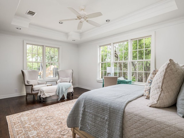 1350 Patterson Rd, Austin, TX 78733 - bedroom with a raised ceiling, multiple windows, wood finished floors, crown molding, and ceiling fan