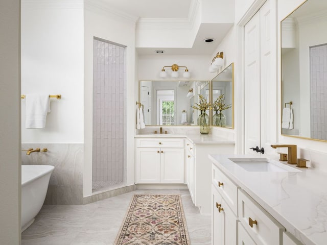 bathroom featuring ornamental molding, a sink, and a stall shower