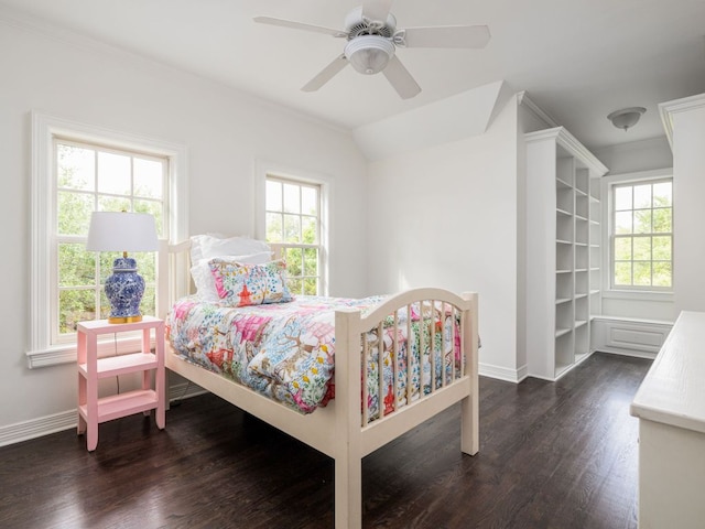 1350 Patterson Rd, Austin, TX 78733 - bedroom featuring dark wood-style floors, ornamental molding, and ceiling fan