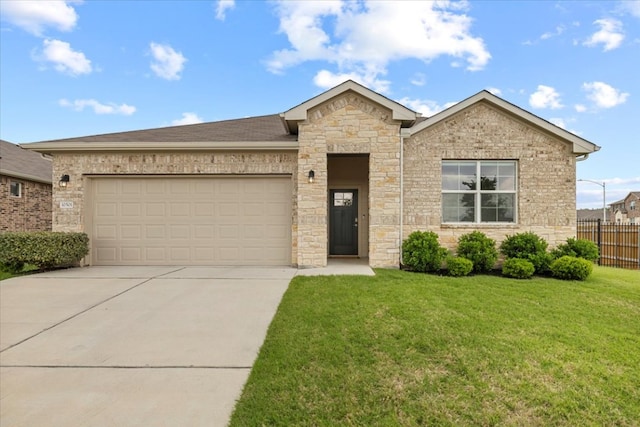 single story home with a garage, fence, stone siding, a front yard, and concrete driveway