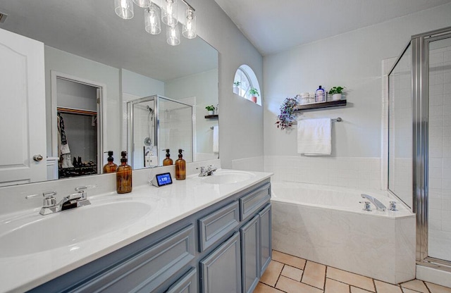 bathroom featuring double vanity, a sink, a bath, and a shower stall