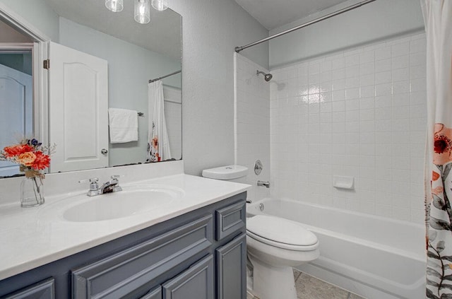 full bathroom featuring vanity, shower / tub combo, and toilet