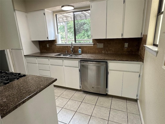 kitchen with a sink, decorative backsplash, stainless steel dishwasher, and white cabinets