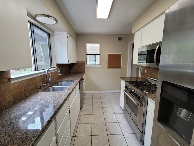 kitchen featuring a sink, appliances with stainless steel finishes, decorative backsplash, and white cabinets