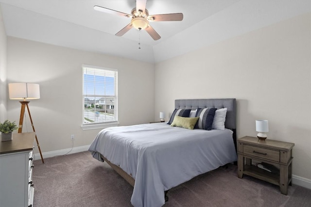 bedroom with carpet flooring, a ceiling fan, and baseboards