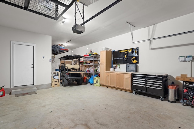 17111 Calipatria Ln, Pflugerville, TX 78660 - garage with a garage door opener and a workshop area