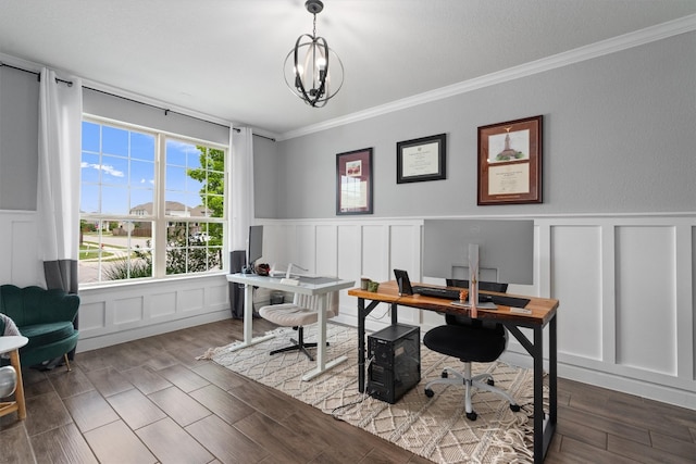 office space with crown molding, wainscoting, wood finished floors, and a decorative wall