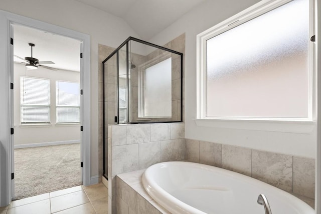 full bath with tile patterned floors, ceiling fan, a garden tub, and a stall shower