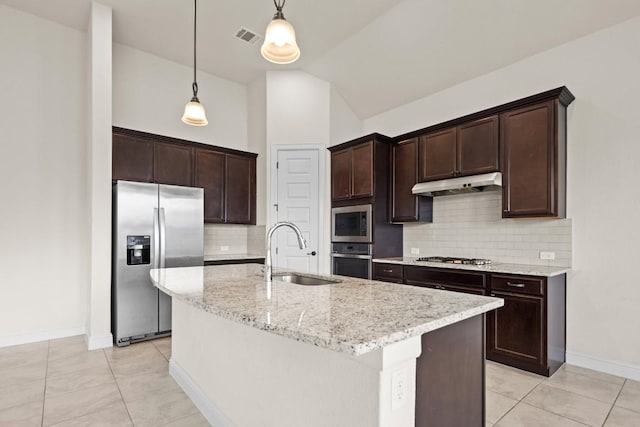 kitchen with visible vents, dark brown cabinets, under cabinet range hood, a sink, and stainless steel appliances