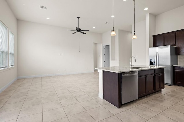 kitchen featuring a ceiling fan, visible vents, appliances with stainless steel finishes, dark brown cabinets, and a sink