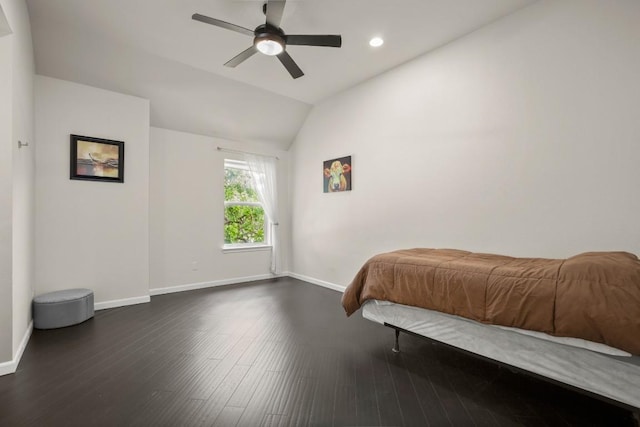 715 Nelson Ranch Rd, Cedar Park, TX 78613 - bedroom featuring baseboards, ceiling fan, recessed lighting, dark wood-type flooring, and vaulted ceiling