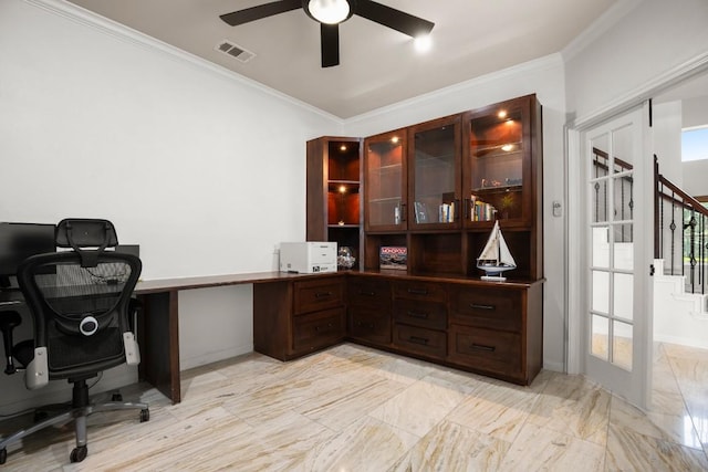 715 Nelson Ranch Rd, Cedar Park, TX 78613 - home office featuring visible vents, crown molding, and ceiling fan