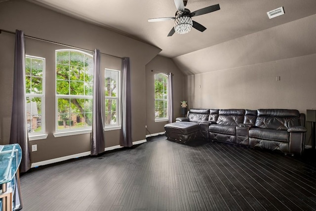 715 Nelson Ranch Rd, Cedar Park, TX 78613 - living area with visible vents, lofted ceiling, baseboards, ceiling fan, and dark wood-type flooring