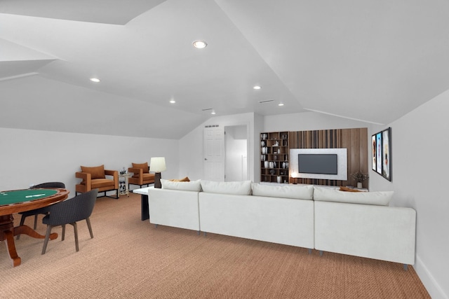 living area with light carpet, recessed lighting, and lofted ceiling