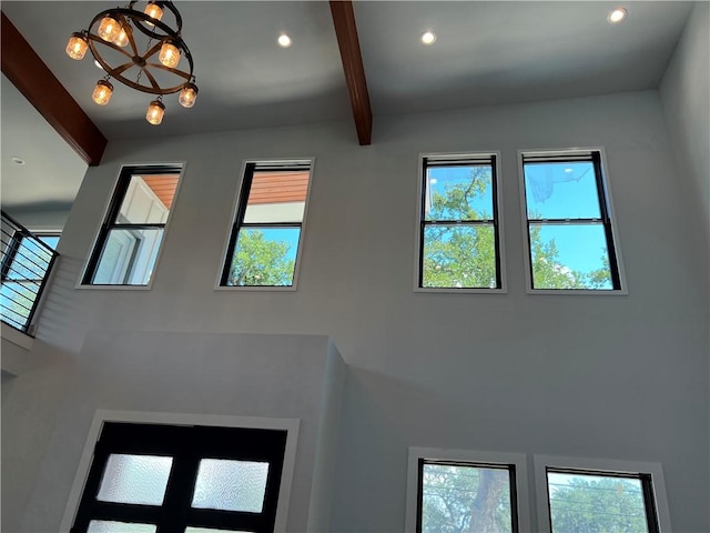 6308 Hudson Bend Rd, Austin, TX 78734 - detailed view of beam ceiling, recessed lighting, and a chandelier