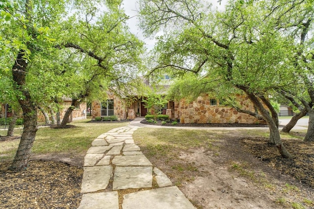 view of property hidden behind natural elements featuring a front yard and stone siding