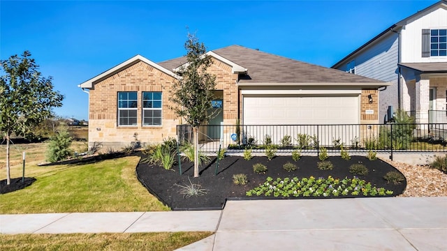 ranch-style house featuring brick siding, an attached garage, fence, and a front yard