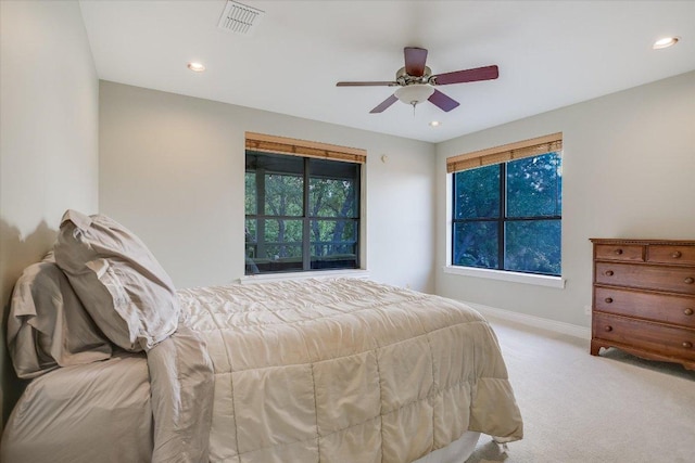 bedroom featuring carpet floors, recessed lighting, baseboards, and visible vents