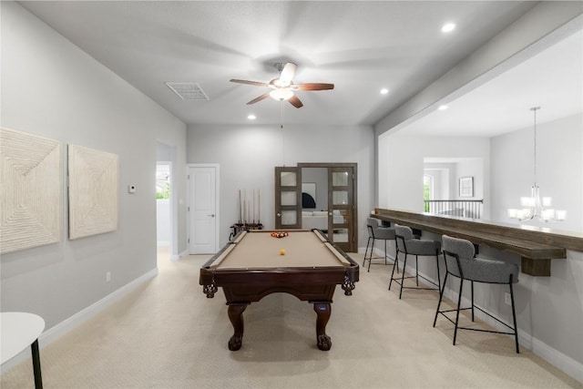 2033 Portobello Rd, Leander, TX 78641 - recreation room featuring a ceiling fan, light carpet, a chandelier, recessed lighting, and billiards