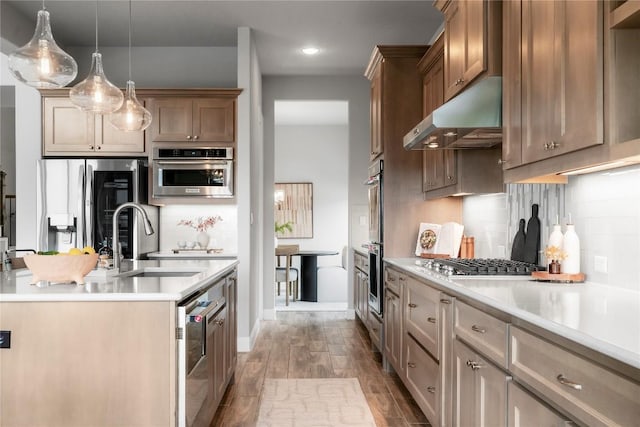 2033 Portobello Rd, Leander, TX 78641 - kitchen featuring appliances with stainless steel finishes, under cabinet range hood, light countertops, wood finished floors, and recessed lighting