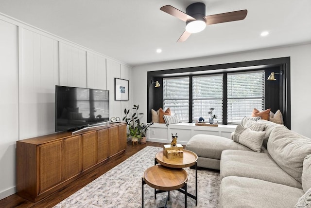 living room featuring a ceiling fan, recessed lighting, and dark wood-style floors