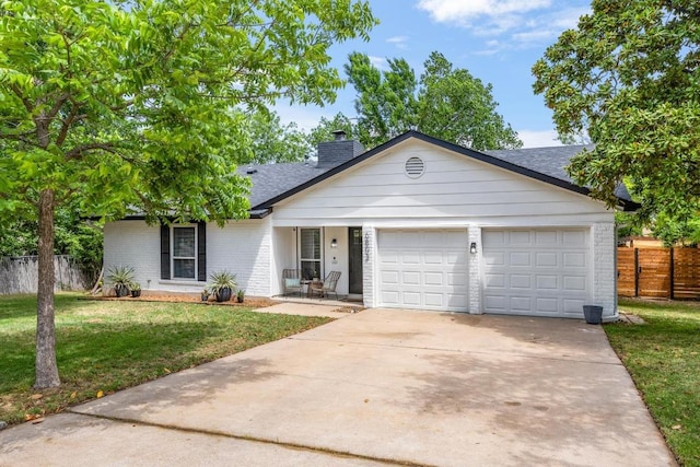 6803 Shadywood Dr, Austin, TX 78745 - view of front facade featuring brick siding, a garage, concrete driveway, a chimney, and a shingled roof
