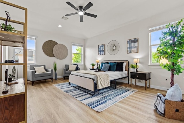 bedroom with visible vents, light wood-style floors, and multiple windows