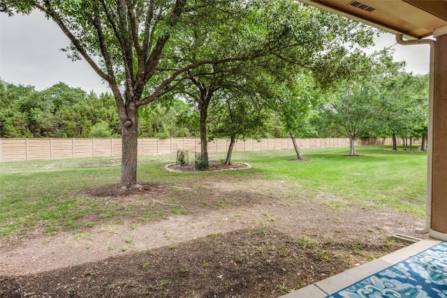 view of yard with a fenced backyard and visible vents