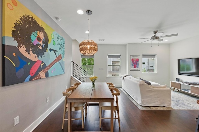 dining room with visible vents, baseboards, ceiling fan, recessed lighting, and dark wood finished floors