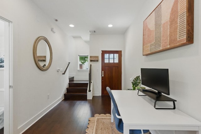 entryway with dark wood-style flooring, recessed lighting, baseboards, visible vents, and stairway