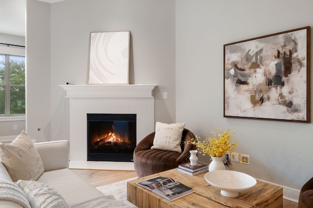 living area featuring baseboards, a glass covered fireplace, and wood finished floors