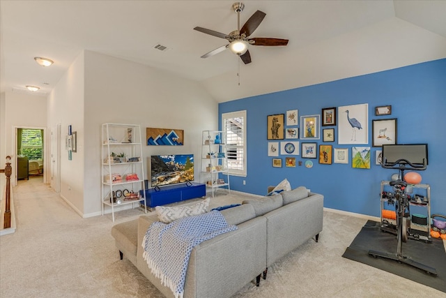 carpeted living room with baseboards, ceiling fan, vaulted ceiling, and visible vents