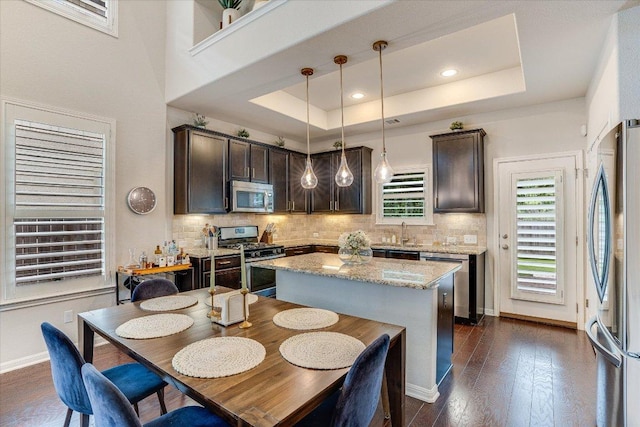 kitchen with stainless steel appliances, a tray ceiling, a sink, and dark brown cabinets