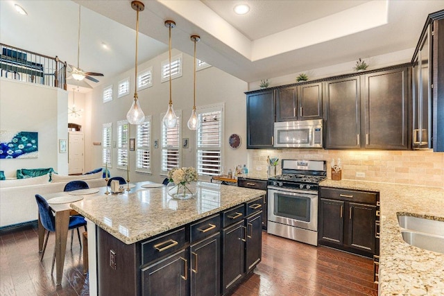 kitchen with a ceiling fan, appliances with stainless steel finishes, dark wood-style floors, and light stone countertops
