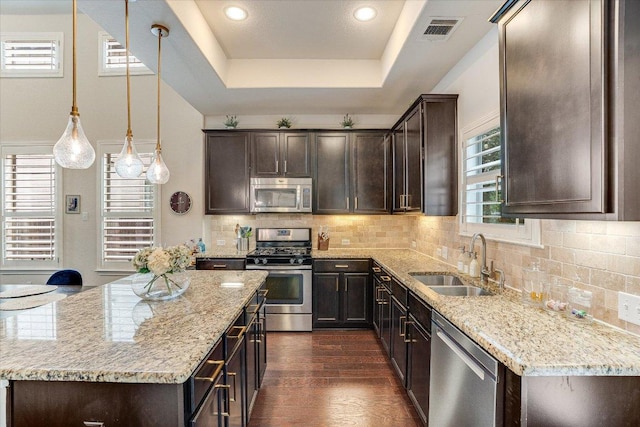 kitchen featuring visible vents, dark brown cabinetry, a raised ceiling, a sink, and appliances with stainless steel finishes