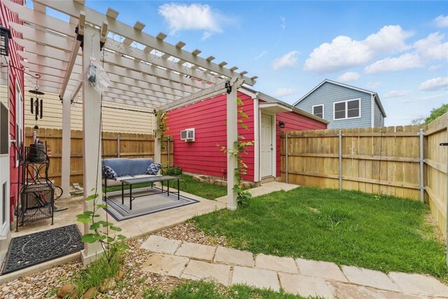 view of yard with a fenced backyard, a patio, and a pergola