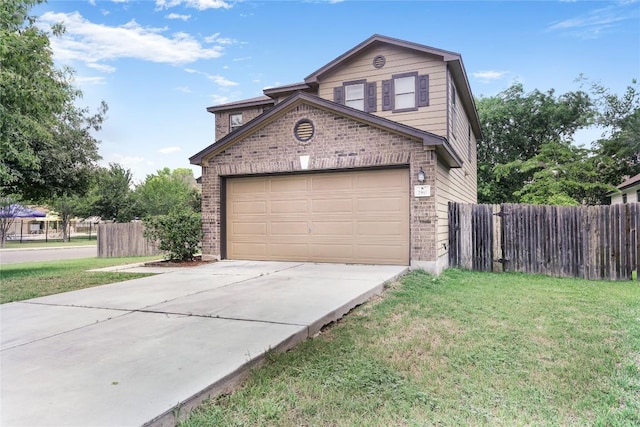 view of front of property with fence, brick siding, a garage, a front yard, and concrete driveway