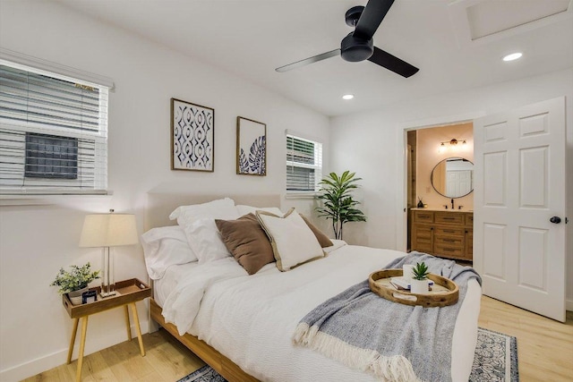 502 Tilbury Ln, Austin, TX 78745 - bedroom with light wood-style flooring, attic access, ensuite bath, recessed lighting, and ceiling fan