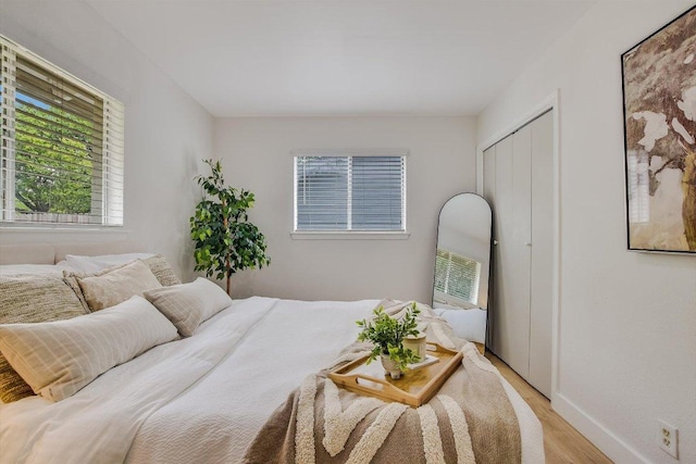 bedroom featuring light wood-style floors, baseboards, and a closet