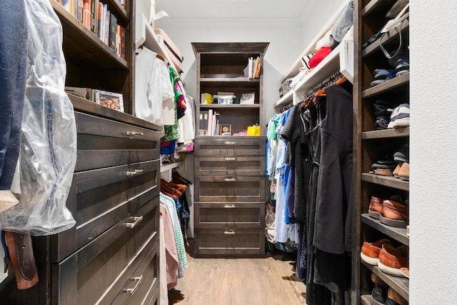 walk in closet with light wood-style flooring