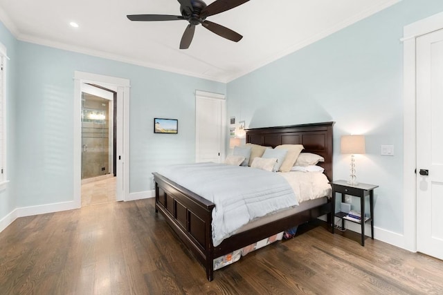 bedroom with recessed lighting, baseboards, dark wood finished floors, and ornamental molding