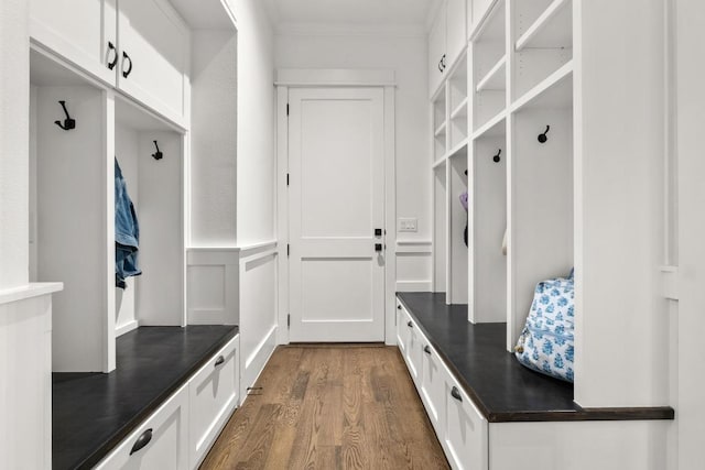 mudroom featuring crown molding and dark wood-style floors