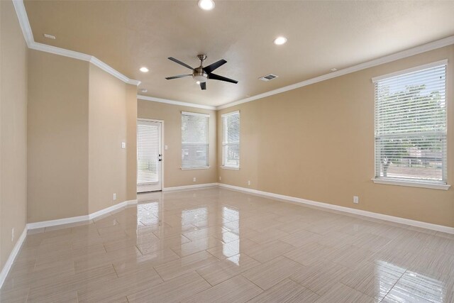 unfurnished room featuring a wealth of natural light, recessed lighting, ceiling fan, and visible vents