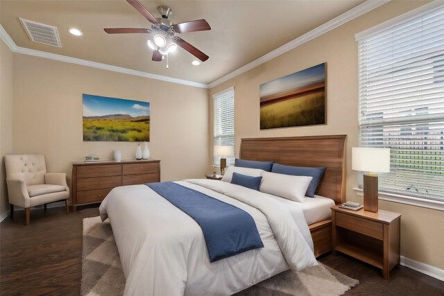 bedroom with visible vents, ornamental molding, baseboards, dark wood-style floors, and recessed lighting