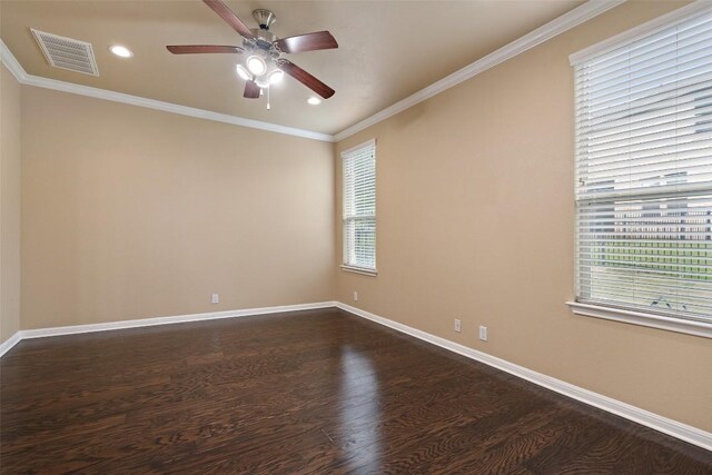 spare room featuring visible vents, baseboards, ceiling fan, recessed lighting, and dark wood finished floors
