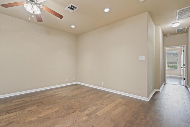 spare room featuring baseboards, ceiling fan, recessed lighting, and visible vents