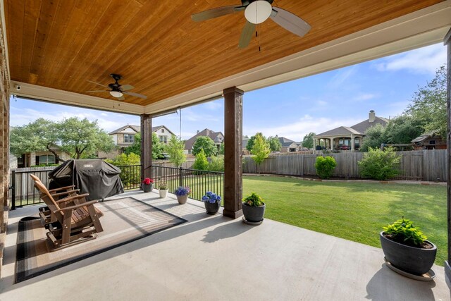view of patio / terrace featuring a fenced backyard, ceiling fan, and a residential view